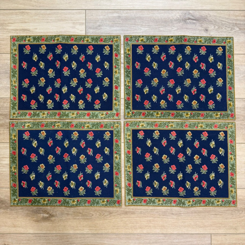 Vintage Floral Placemats Set of‎ 4 Navy Blue Sage Green Red Yellow Cottagecore